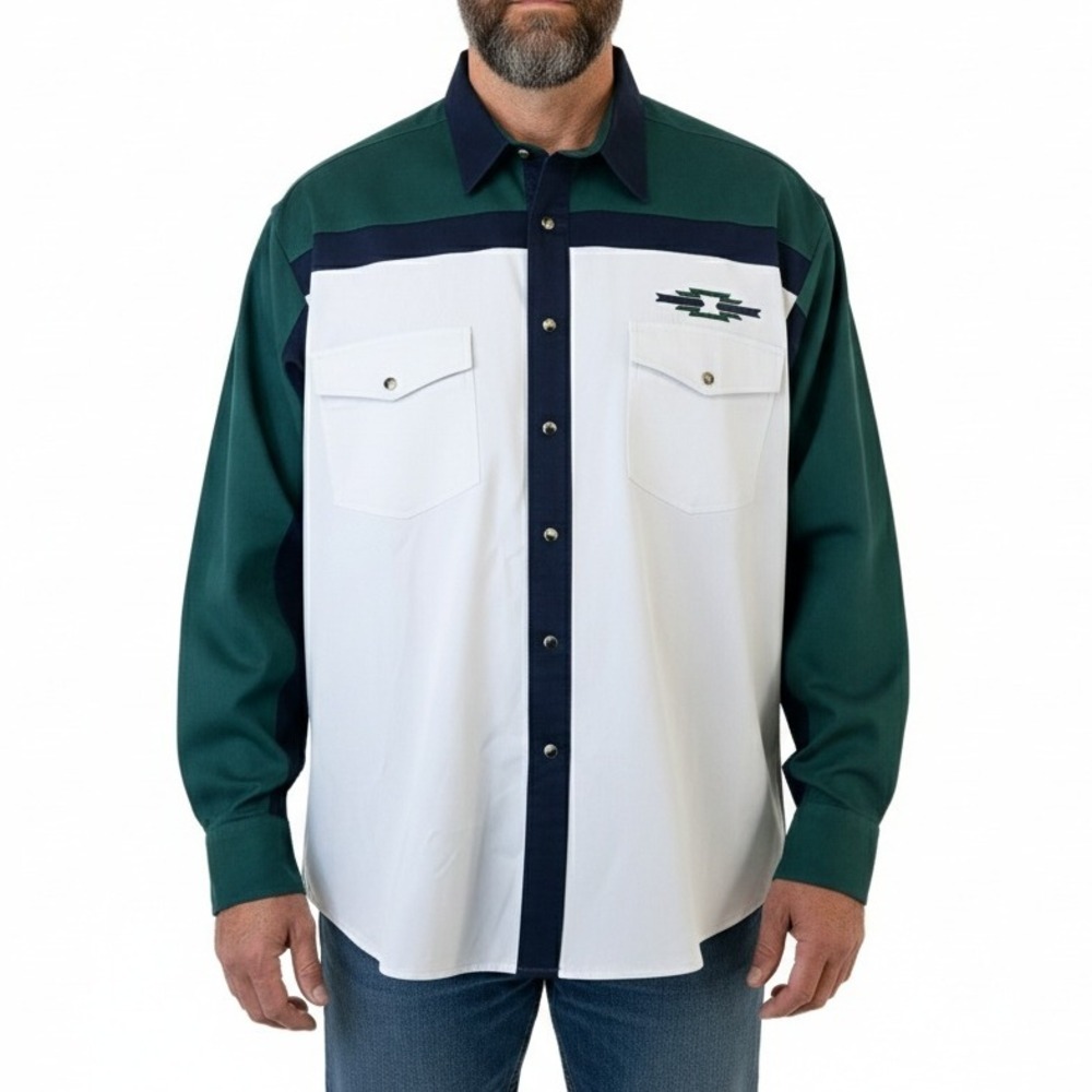 Wrangler Western Shirt Mens Medium Green Navy‎ White Colorblock Pearl Snap Twill